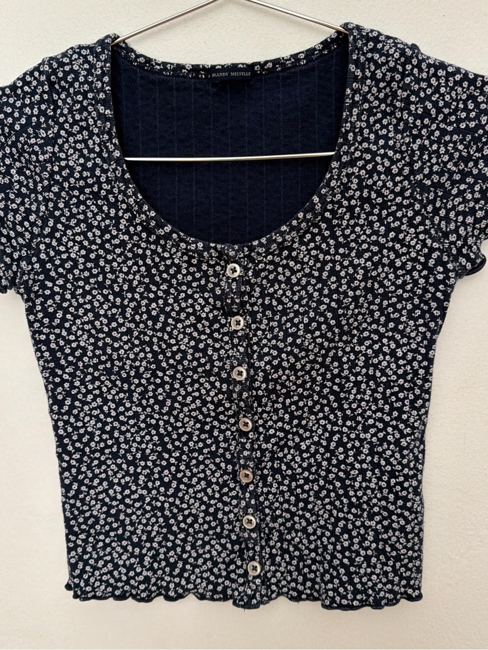 Brandy Melville Zelly Navy Blue with White Floral Button-Front Tee